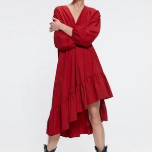 Red High Low Poplin Dress, Ruffle Detail